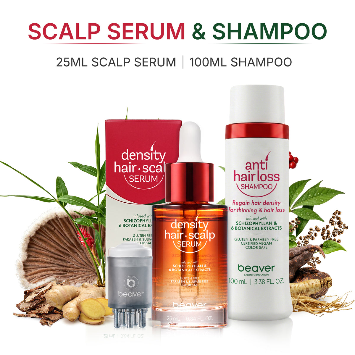 Beaver brand Scalp Serum and Shampoo set on a white background with herbal ingredients. The set includes a red and white box of density hair-scrum, an amber glass bottle with a red dropper cap labeled density hair-scrum, a white bottle of anti hairloss shampoo with a red cap, and a gray beaver logo applicator brush.