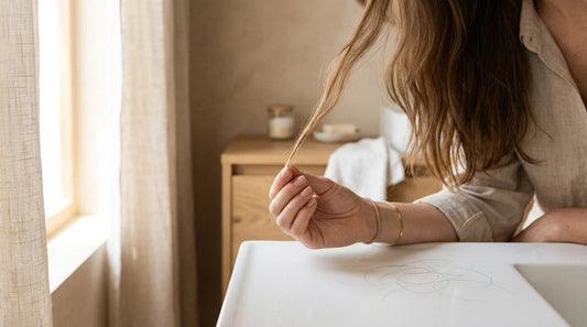 Woman checking natural hair shedding on a bathroom counter, distinguishing normal hair fall from permanent hair loss