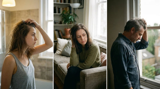 Women in their 20s and 30s and a man in his 40s in candid everyday moments, showing how hair thinning affects both genders across different decades of life