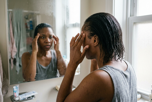 Black woman massaging thinning temple corners with fingertips on damp hair in bathroom mirror, candid real morning scalp care moment