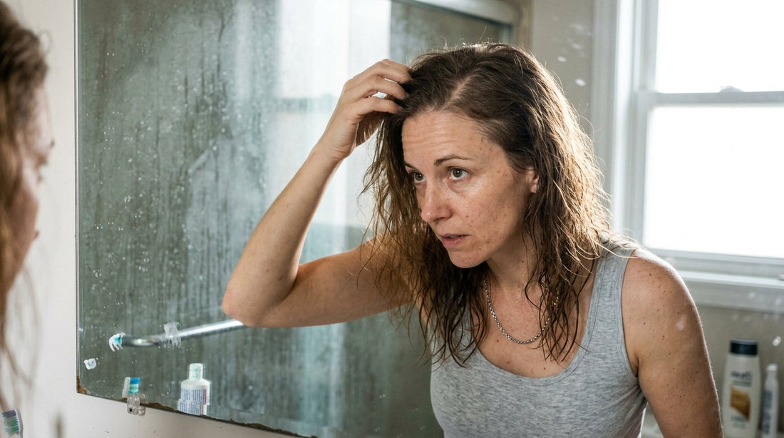 Woman checking her thinning temple and widened hair part in a bathroom mirror, hard water spots on the glass