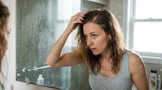 Woman checking her thinning temple and widened hair part in a bathroom mirror, hard water spots on the glass