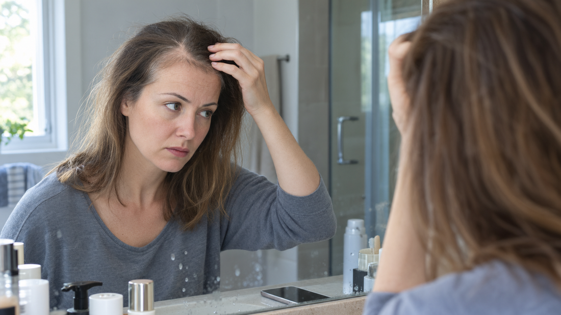 Woman lifting her thinning hair to check her part in the mirror at week 2, when a hair scalp serum feels like it is doing nothing