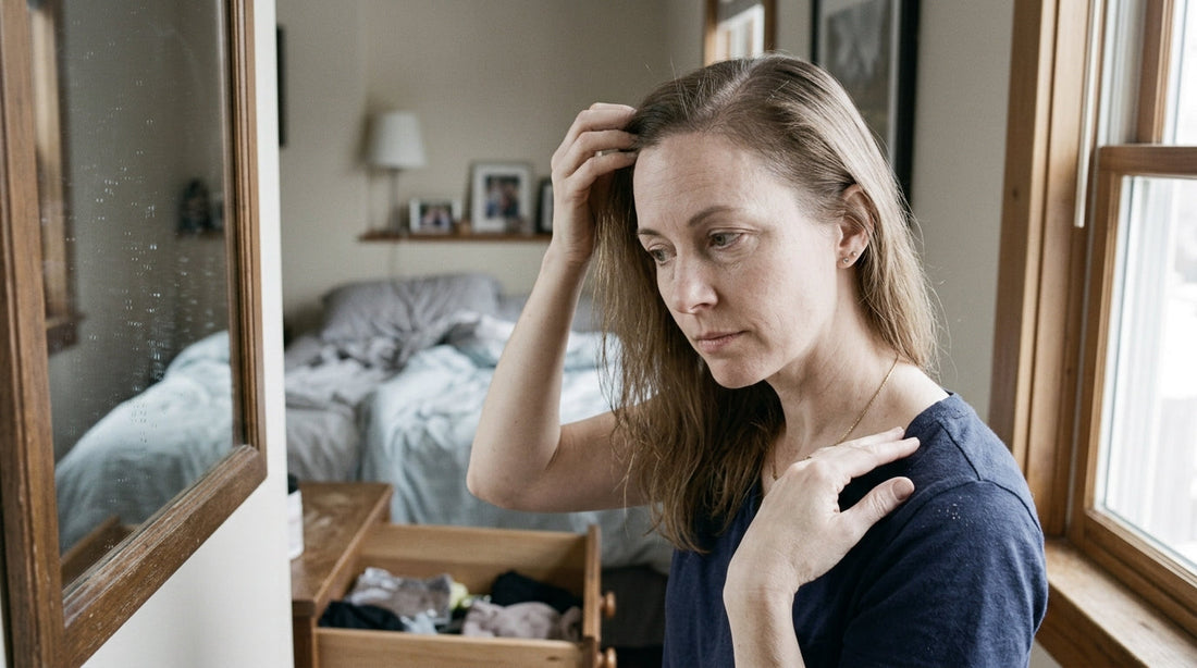 Woman checking her temple hair and shoulder flakes in the mirror, a sign of an out-of-balance scalp microbiome