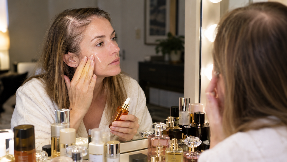 Woman applying anti-aging serum to her face while her thinning scalp and widened part get no attention
