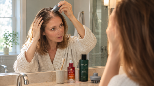 Woman applying a scalp serum along her widening part with a comb, serum bottle next to her toothbrush for a consistent morning routine
