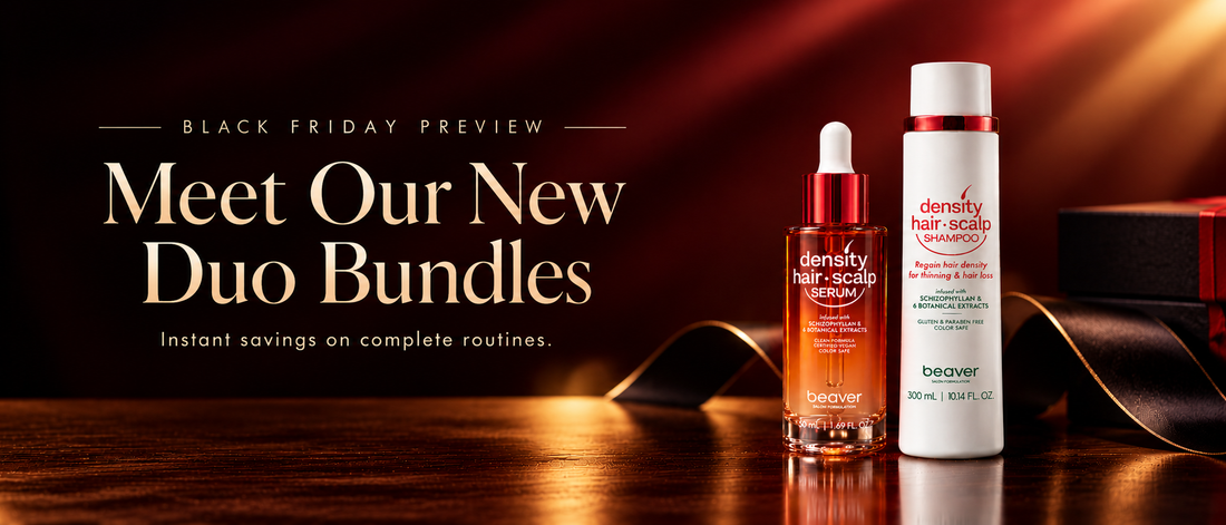 Beaver Pro sclap care hair density serum and shampoo bottles on a burgundy and gold Black Friday sale banner