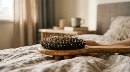 Wooden hairbrush with strands of hair woven through bristles, capturing the quiet moment of noticing hair shedding in soft morning light
