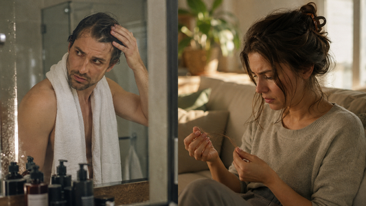 Man noticing temple recession and woman finding thinning hair after removing a claw clip, showing how hair loss in women vs men differs.