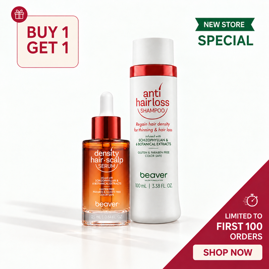 Beaver brand hair care set featuring a white bottle of anti hair loss shampoo with a red collar and a glass dropper bottle of density hair scalp serum with amber liquid and a red dropper cap, shown on a white background with promotional badges.