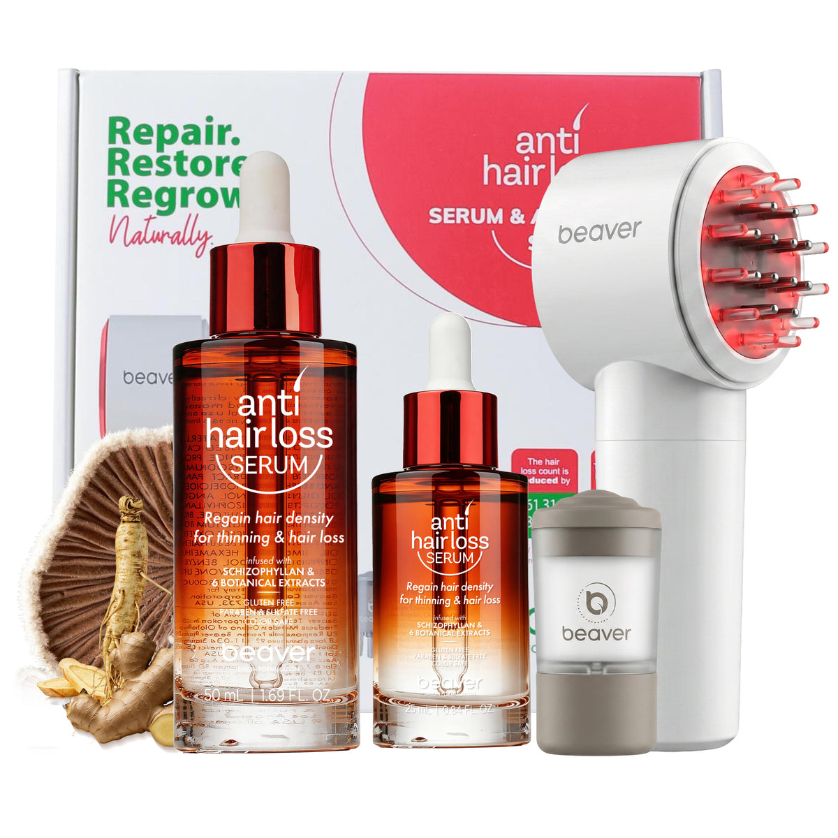 Beaver pro scalp care hair density serum set including a red light scalp applicator massager, two hair density serum bottles for 25mL and 50mL, a small gray mini scalp comb applicator, and a white and red product box on a white background.