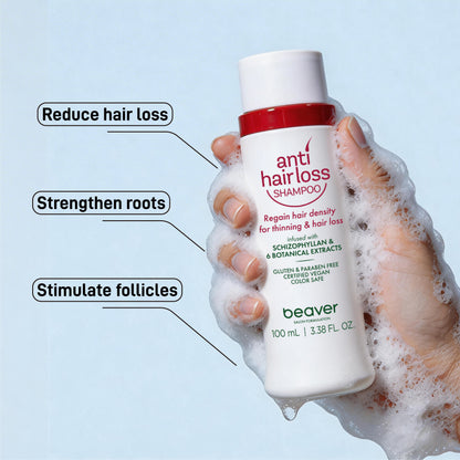 Clinically proven anti-hair loss shampoo (100ml). Micro-foam deep cleanses scalp, unclogs follicles & reduces oil. Boosts hair density +34%. Natural formula, safe for daily use.