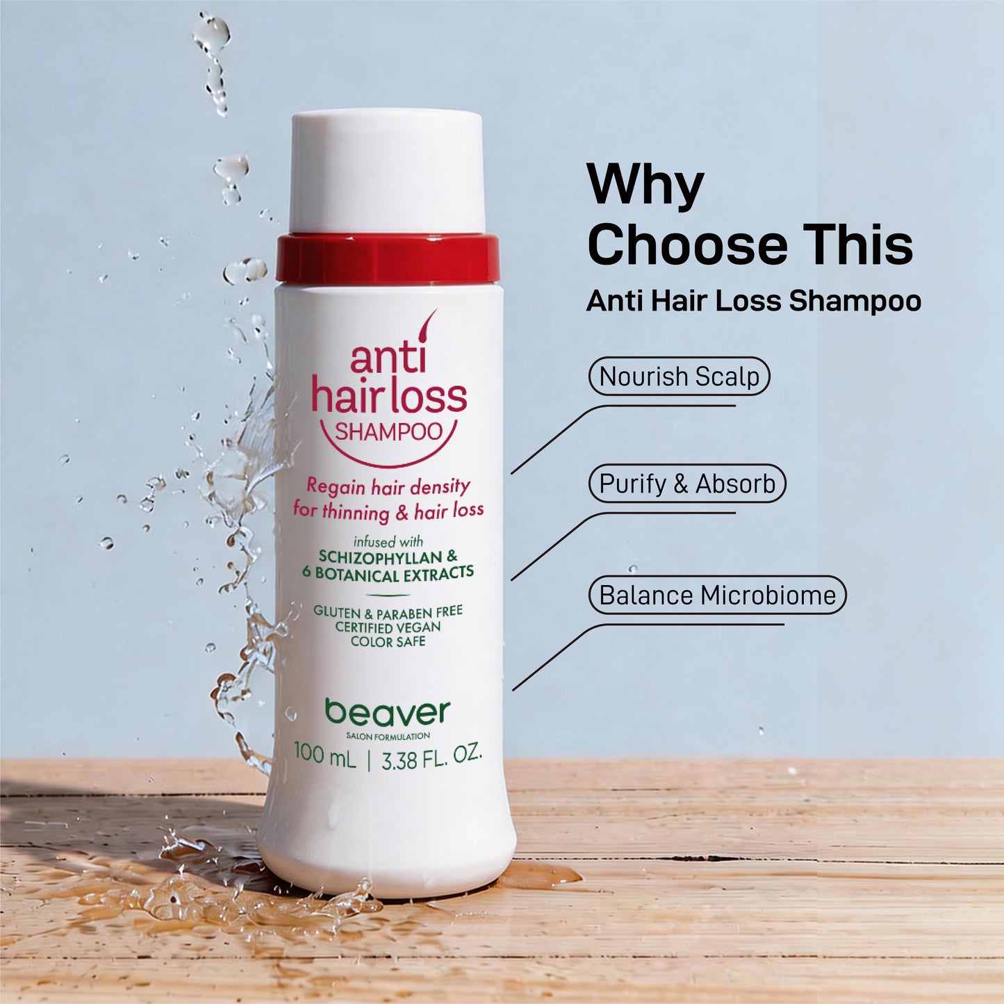 Clinically proven anti-hair loss shampoo (100ml). Micro-foam deep cleanses scalp, unclogs follicles & reduces oil. Boosts hair density +34%. Natural formula, safe for daily use.