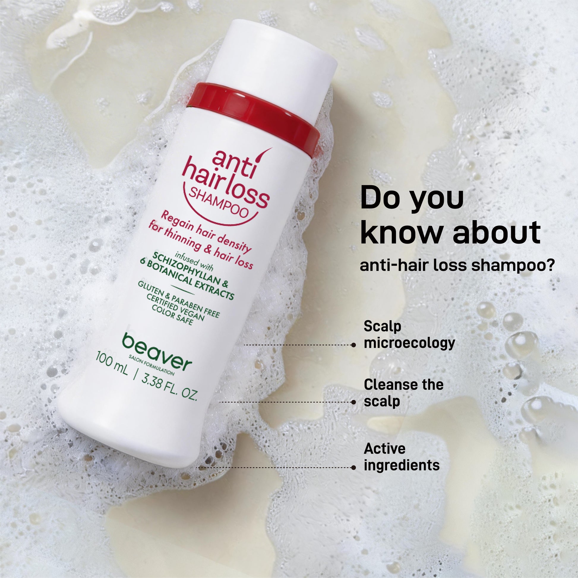 Clinically proven anti-hair loss shampoo (100ml). Micro-foam deep cleanses scalp, unclogs follicles & reduces oil. Boosts hair density +34%. Natural formula, safe for daily use.